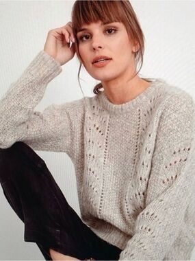 Rails Mara Teddy Alpaca Wool Blend Crew Pullover Pointelle Sweater in Beige S